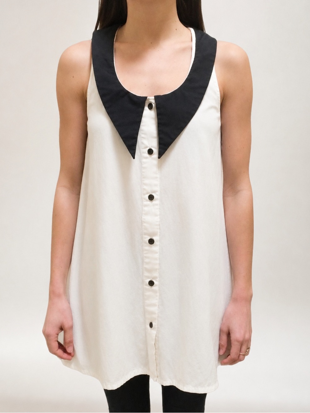 MUSEUM Whimsy White Cotton Button Down Tuxedo Tunic Mini Dress Peter Pan Collar
